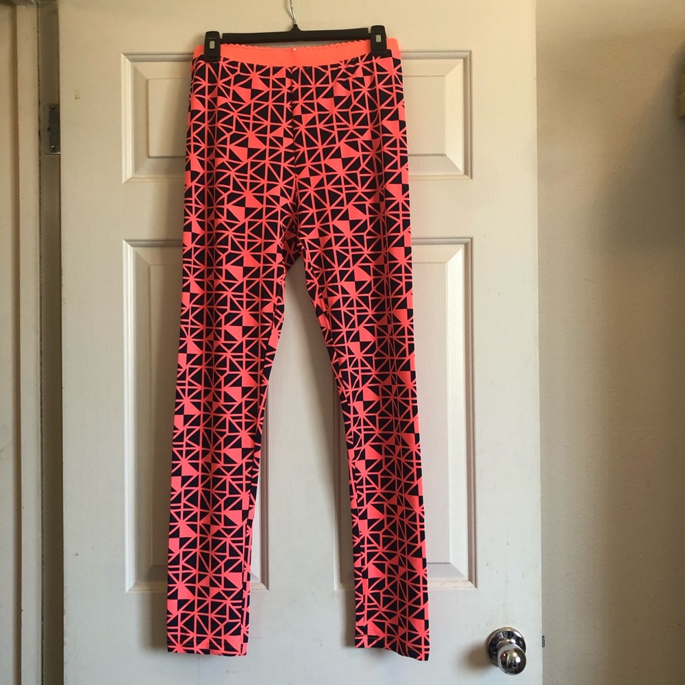 Neon Coral/Pink/Orange Geometric Leggings, Large